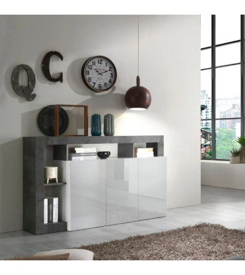 Buffet HAMBURG 3 portes – Blanc laqué brillant / Noir oxyde